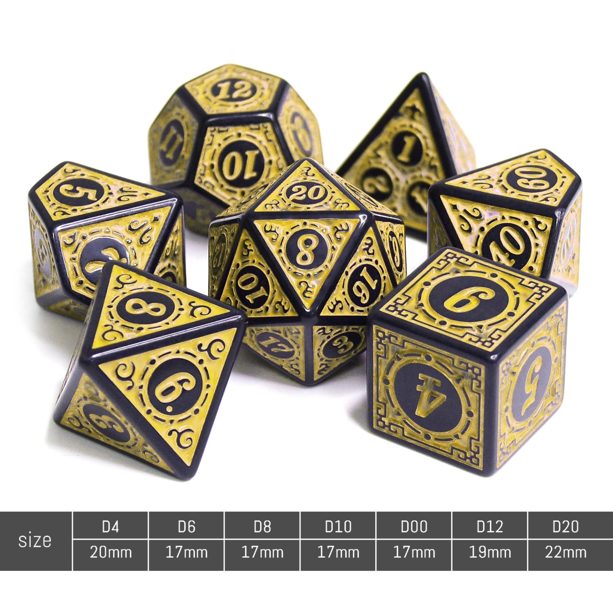 Set of gold and black polyhedral dice with size chart on a white background