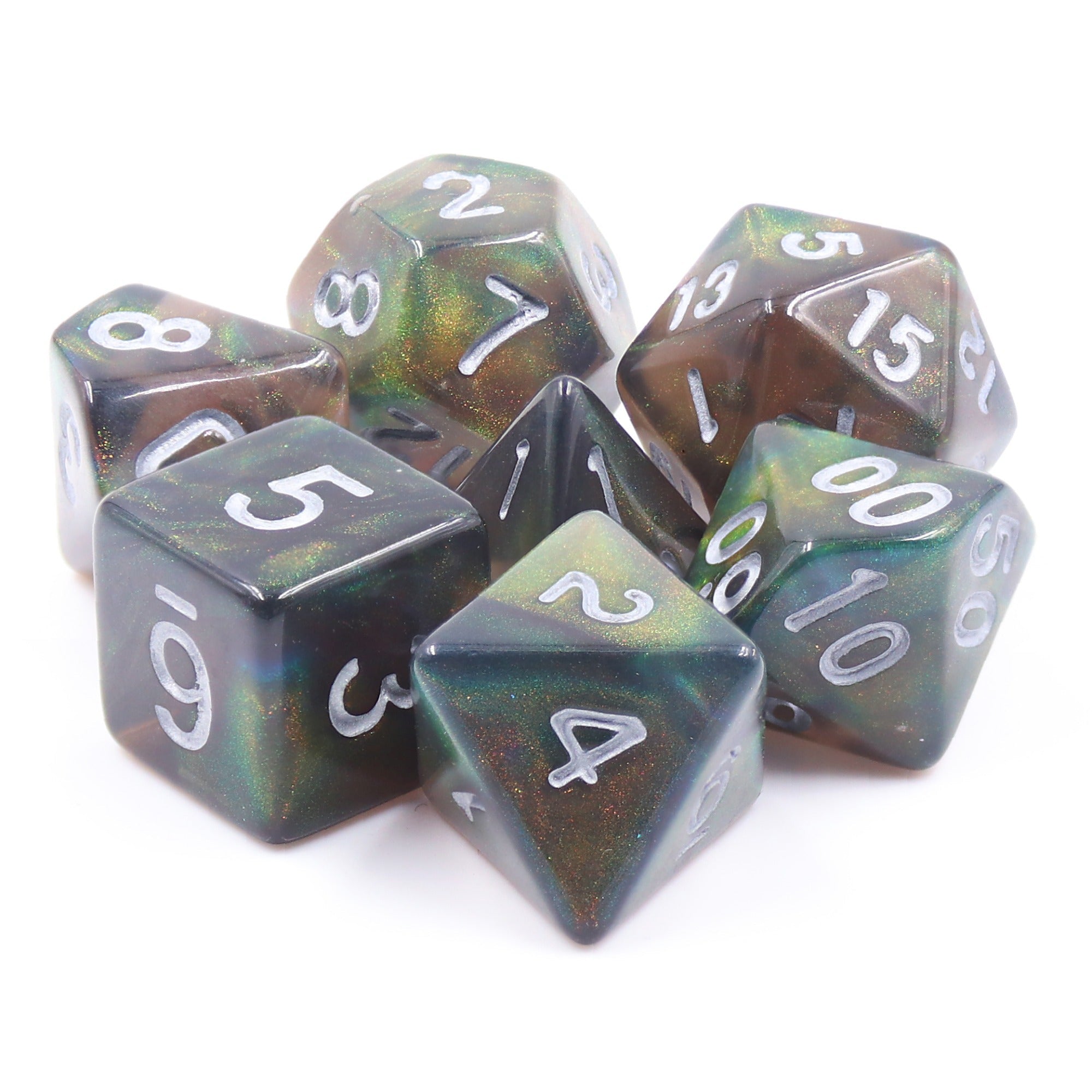 Set of polyhedral dice with green and brown marbled pattern on a white background