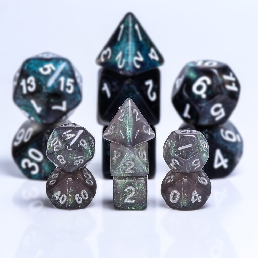Grey Iridescent 7-Dice Mini-Dice RPG Set w/Silver Numbers Miniature Dice