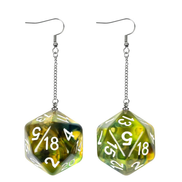 D20 dice earrings with green and white numbers on a white background