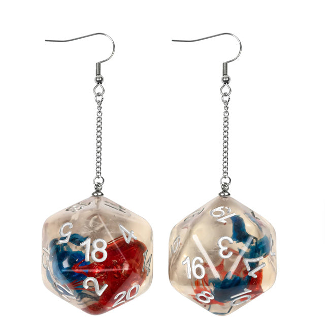 Dice-shaped earrings with red, blue, and white colors on a white background