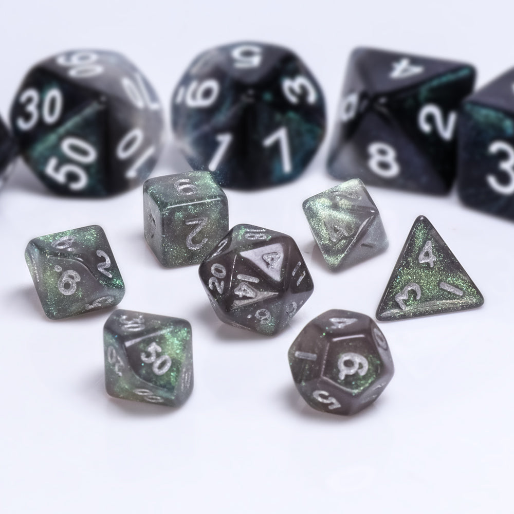 Grey Iridescent 7-Dice Mini-Dice RPG Set w/Silver Numbers Miniature Dice