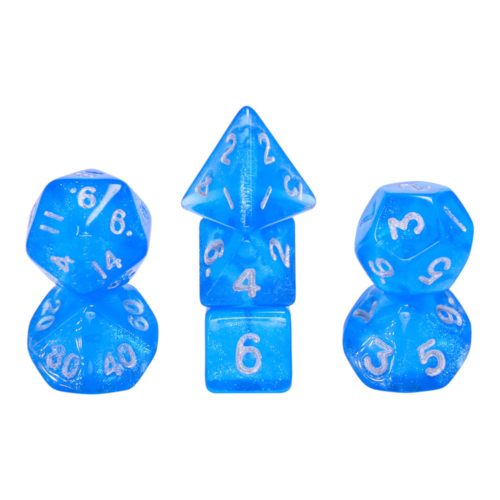 Glitter 7-Dice Mini-Dice RPG Set Blue w/Silver Numbers Miniature Dice