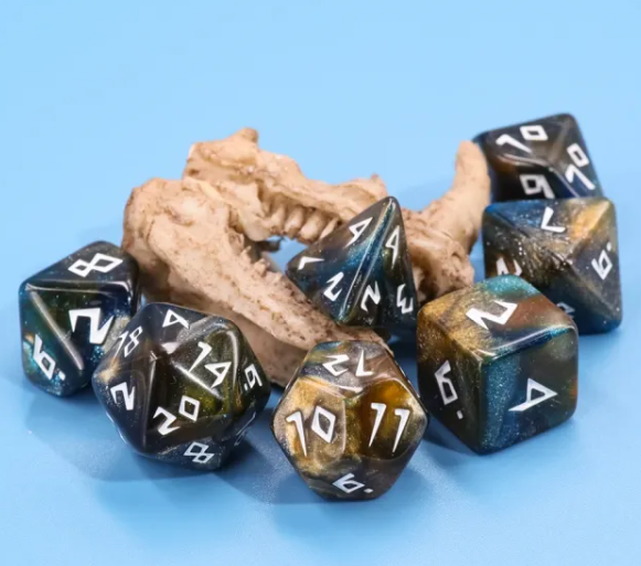 Set of polyhedral dice with a natural wood texture on a blue background