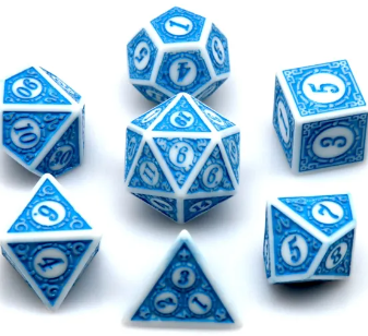 Set of blue and white polyhedral dice on a white background