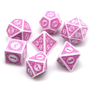 Set of pink and white dice on a white background