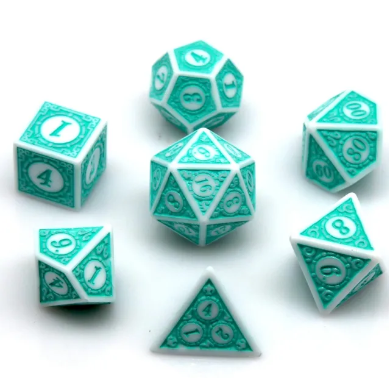 Set of teal polyhedral dice with white numbers on a white background
