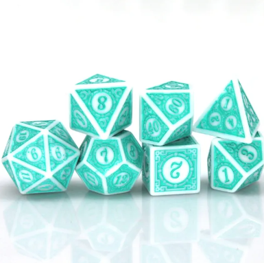 Set of teal polyhedral dice with white numbers on a light gray background