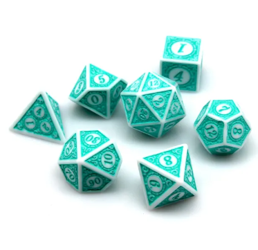 Set of teal polyhedral dice on a white background