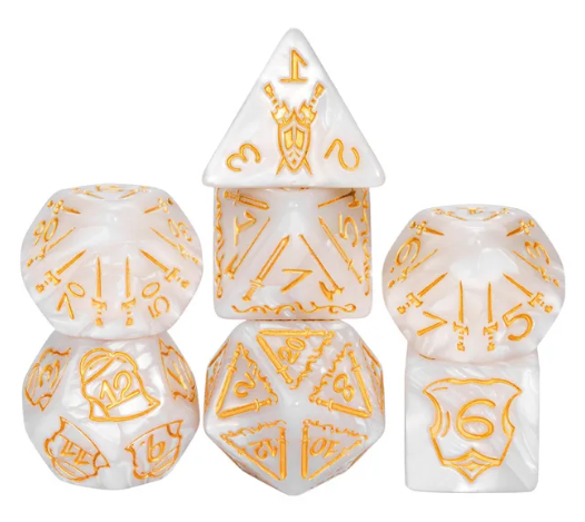 Set of white dice with gold numbering and symbols on a white background