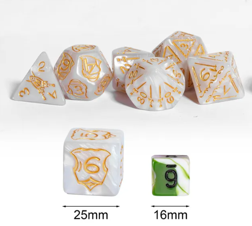 Set of white dice with gold numbering and symbols on a white background