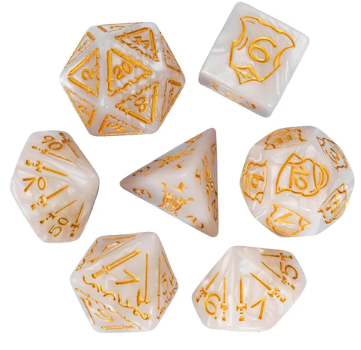 Set of white dice with gold numbering and symbols on a white background