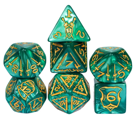 Set of green polyhedral dice with gold numbering on a white background