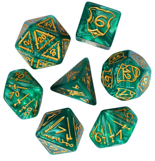 Set of green and gold polyhedral dice on a white background