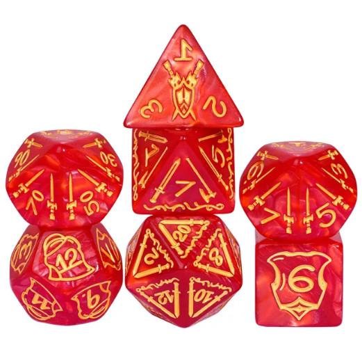 Set of red dice with gold numbering and symbols on a white background