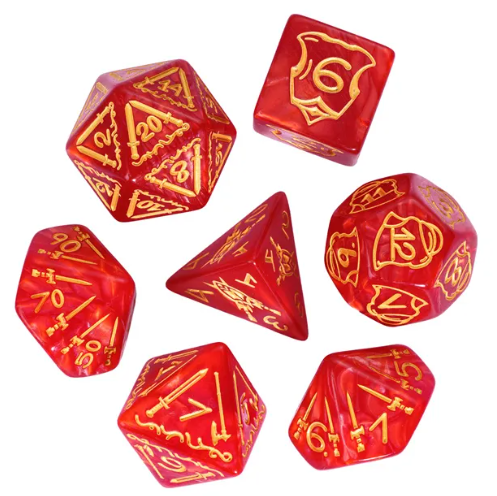 Set of red dice with yellow numbering on a white background