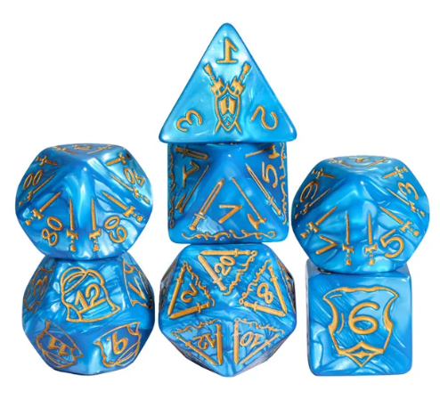 Set of blue dice with gold numbering on a white background