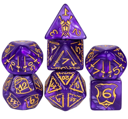 Set of purple polyhedral dice with gold numbering and symbols on a white background