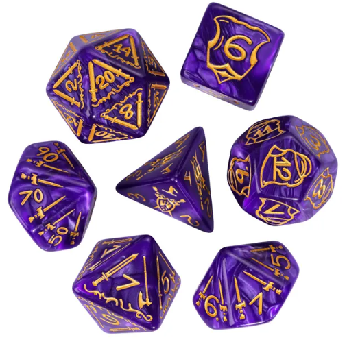 Set of purple polyhedral dice with gold numbering on a white background