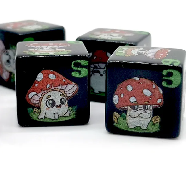 Mushroom Dice - Black | Printed d6 Dice Featuring Cute Mushroom Numbered