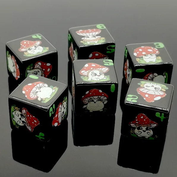 Mushroom Dice - Black | Printed d6 Dice Featuring Cute Mushroom Numbered