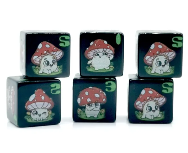 Mushroom Dice - Black | Printed d6 Dice Featuring Cute Mushroom Numbered