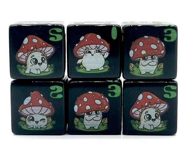Mushroom Dice - Black | Printed d6 Dice Featuring Cute Mushroom Numbered