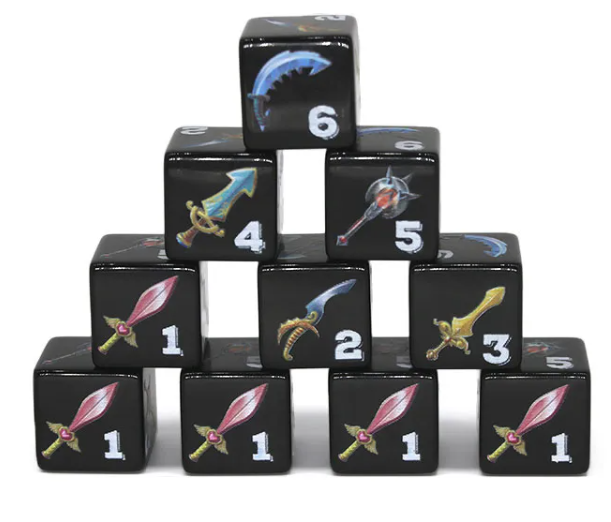 Black dice cubes with sword designs and numbers on a white background