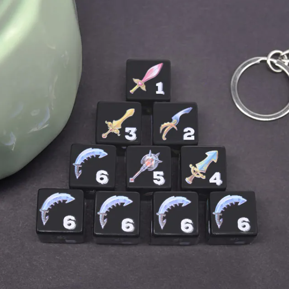 Set of black dice with sword designs on a dark surface