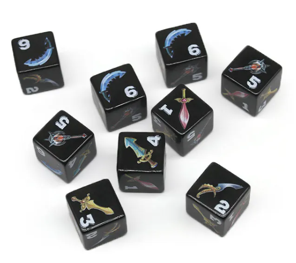 Set of black dice with sword and dragon designs on a white background