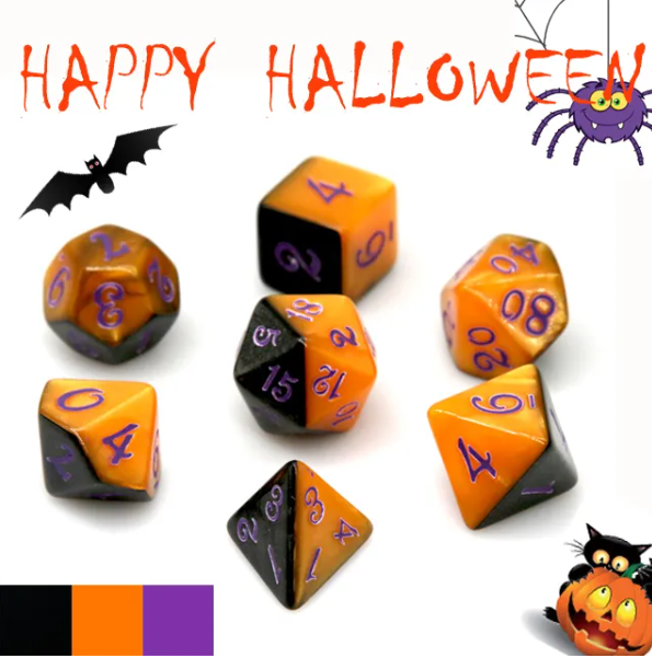 Halloween-themed dice set with orange, black, and purple colors on a white background.