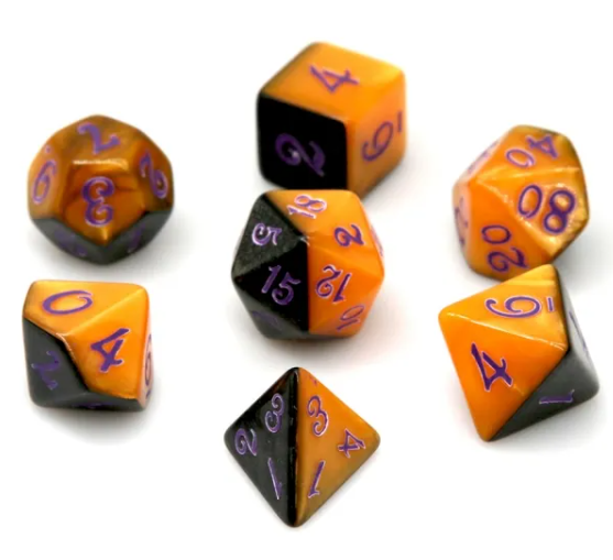 Set of polyhedral dice with orange and black colors on a white background