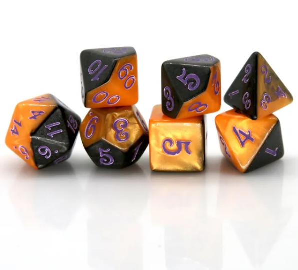 Set of polyhedral dice with orange, black, and purple numbers on a white background