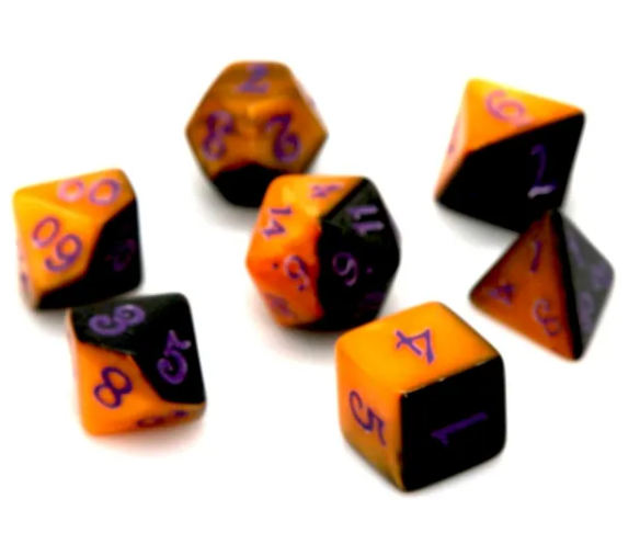 Set of orange and black polyhedral dice with purple numbering on a white background