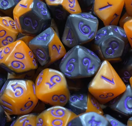 Collection of polyhedral dice with orange and gray colors and purple numbering.