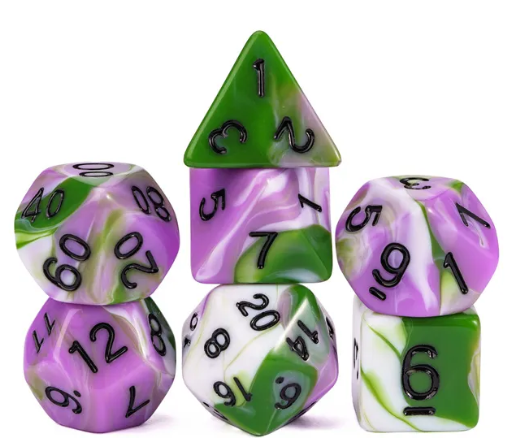 Set of colorful polyhedral dice with marbled design on a white background