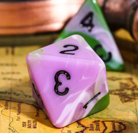 Aasimar's Pain 7-Dice Set Blended Green/Purple/White w/Black Numbers Dnd Dice