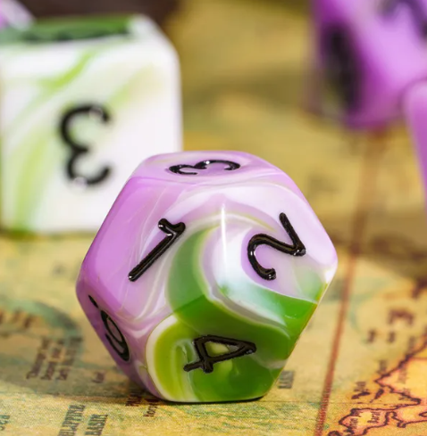 Aasimar's Pain 7-Dice Set Blended Green/Purple/White w/Black Numbers Dnd Dice