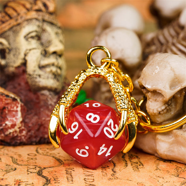 Red die with gold frame on a map with stone and statue background