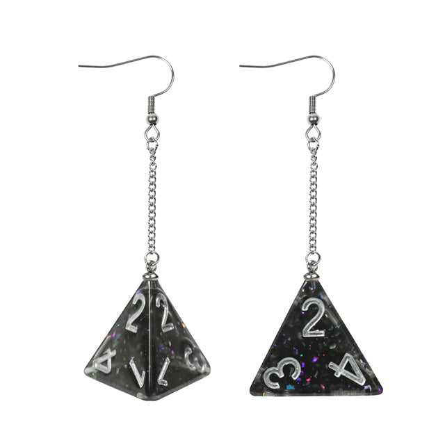 Triangular dice-shaped earrings with chain drops on a white background