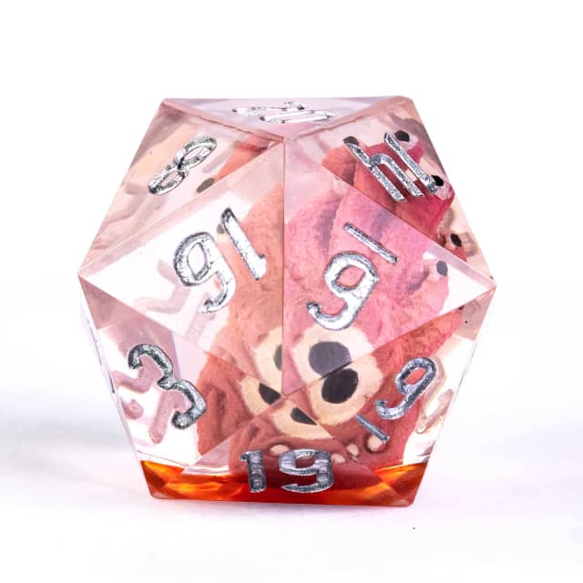 Translucent pink and orange polyhedral dice with silver numbers on a white background