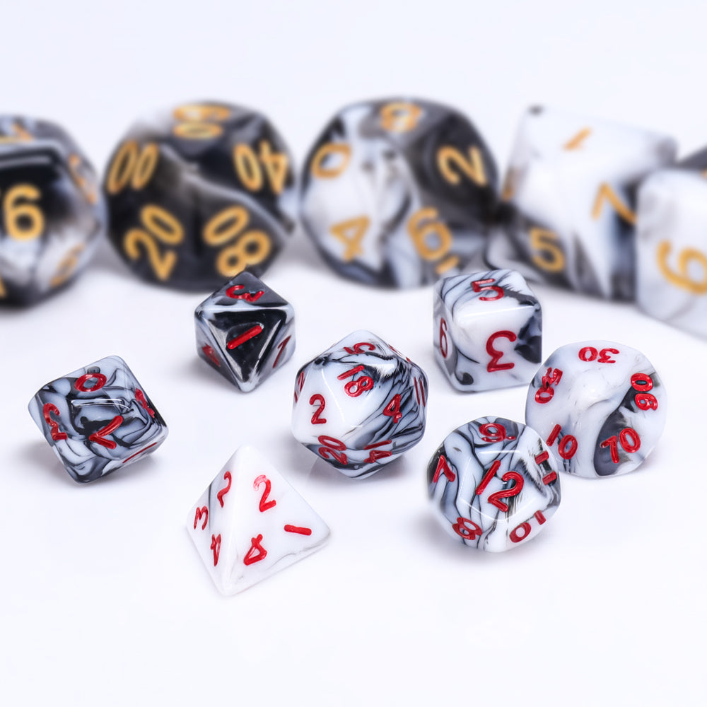 Black-White Blend 7-Dice Mini-Dice RPG Set w/Red Numbers Miniature Dice