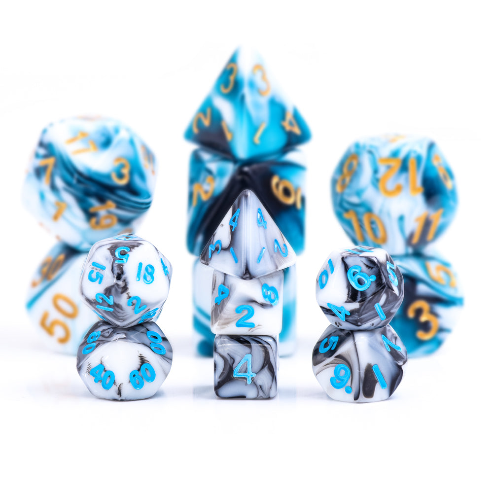 Black White Blend 7-Dice Mini-Dice RPG Set w/Blue Numbers Miniature Dice