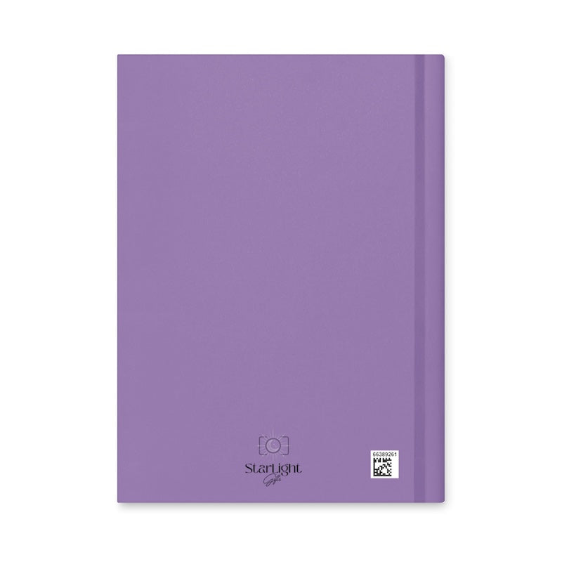 Purple notebook with a brand logo on a white background