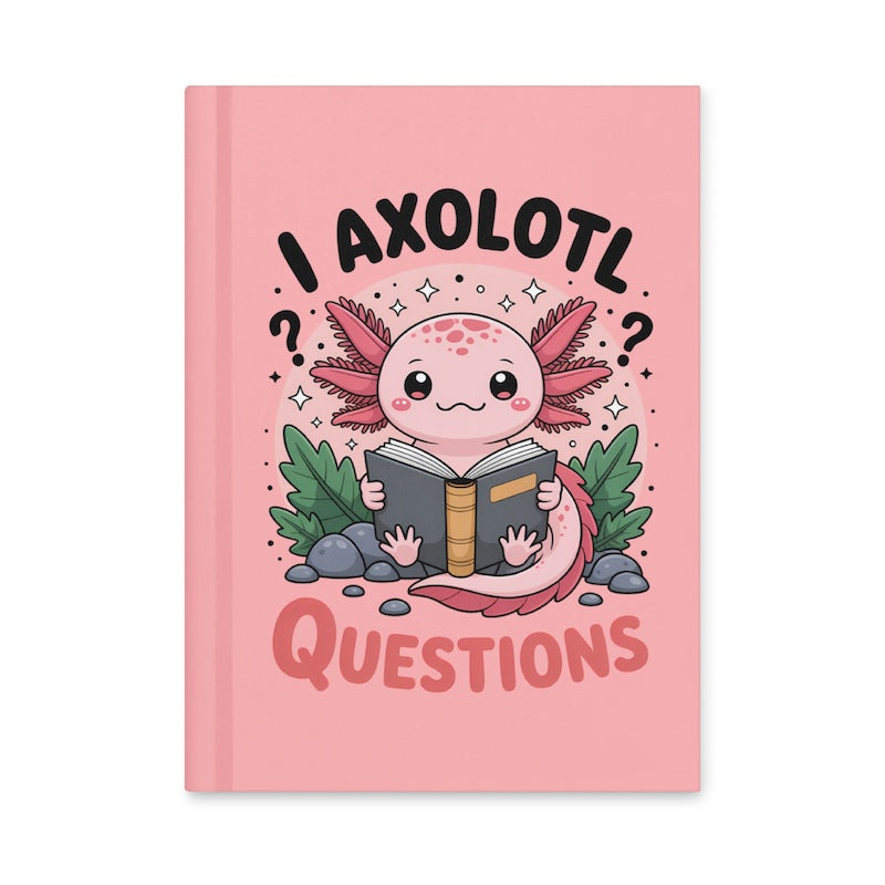 Notebook with axolotl illustration and text on a pink background