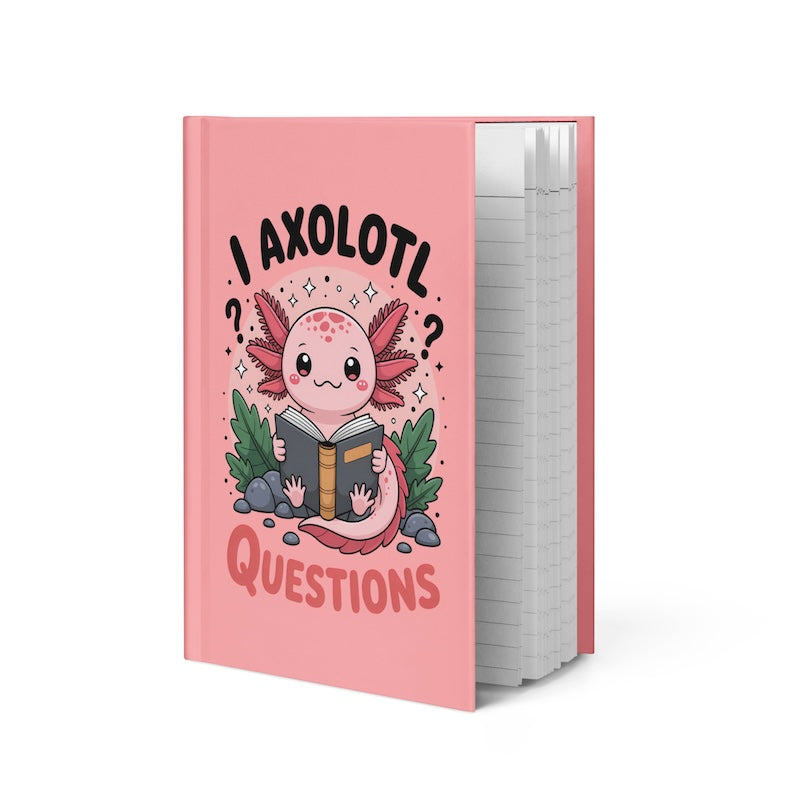 Notebook with a pink cover featuring an axolotl reading a book and text 'I Axolotl Questions' on a white background.