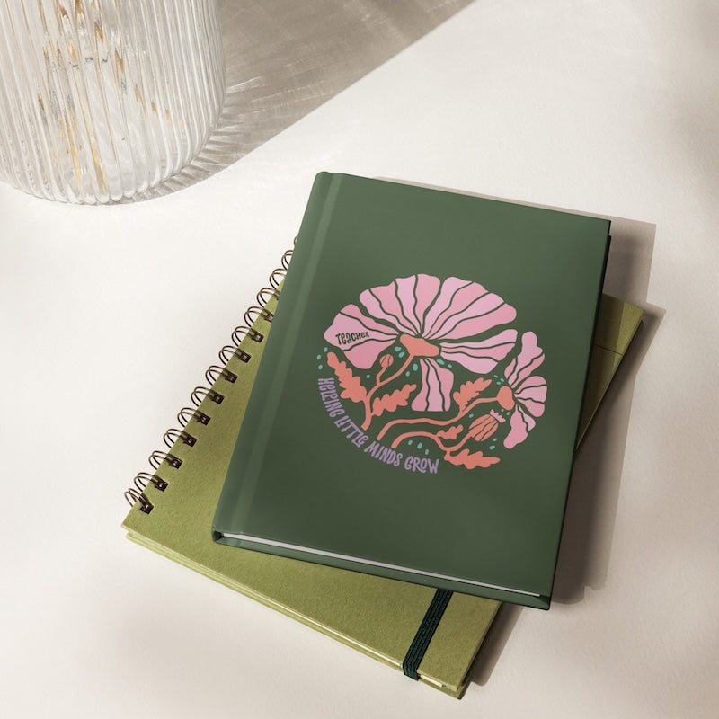Green notebook with pink floral design on a white surface