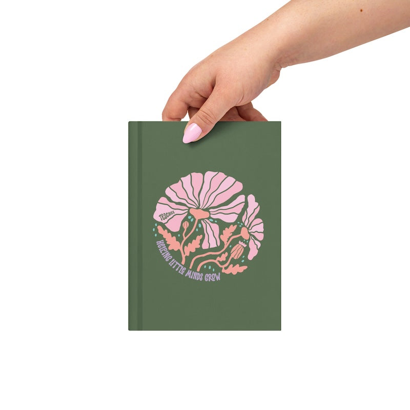 Hand holding a green notebook with pink floral design on a white background