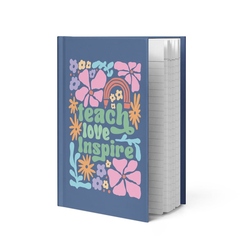 Notebook with colorful floral design and text on a white background