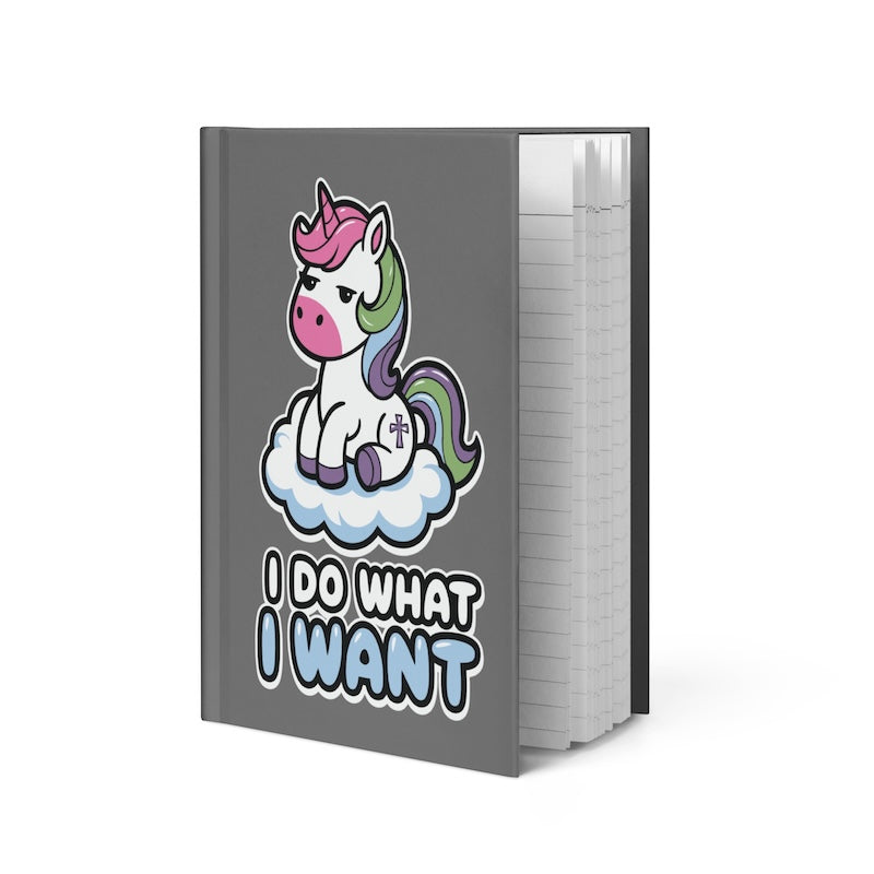 Gray notebook with a unicorn design and 'I Do What I Want' text on a white background